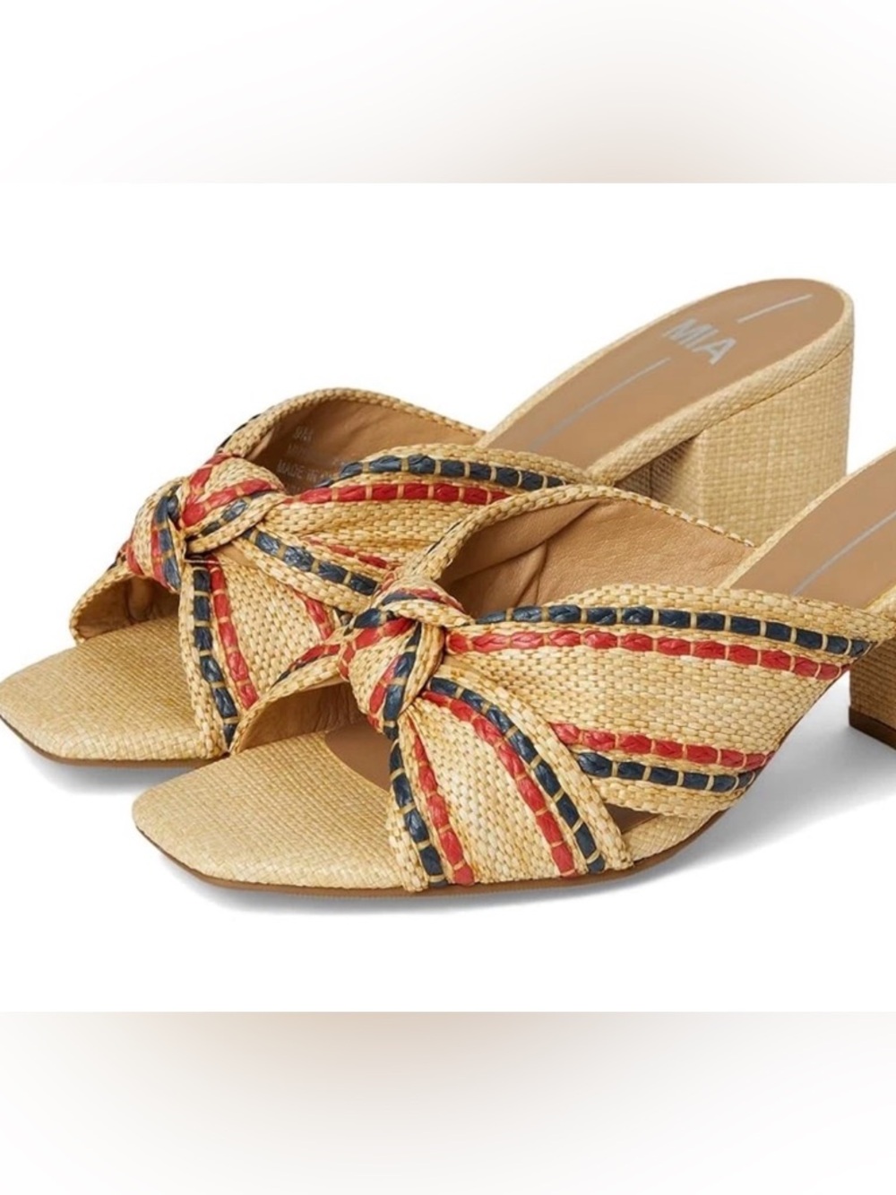 MIA Tan Braided Knot Mules with Red & Navy‎ Trim